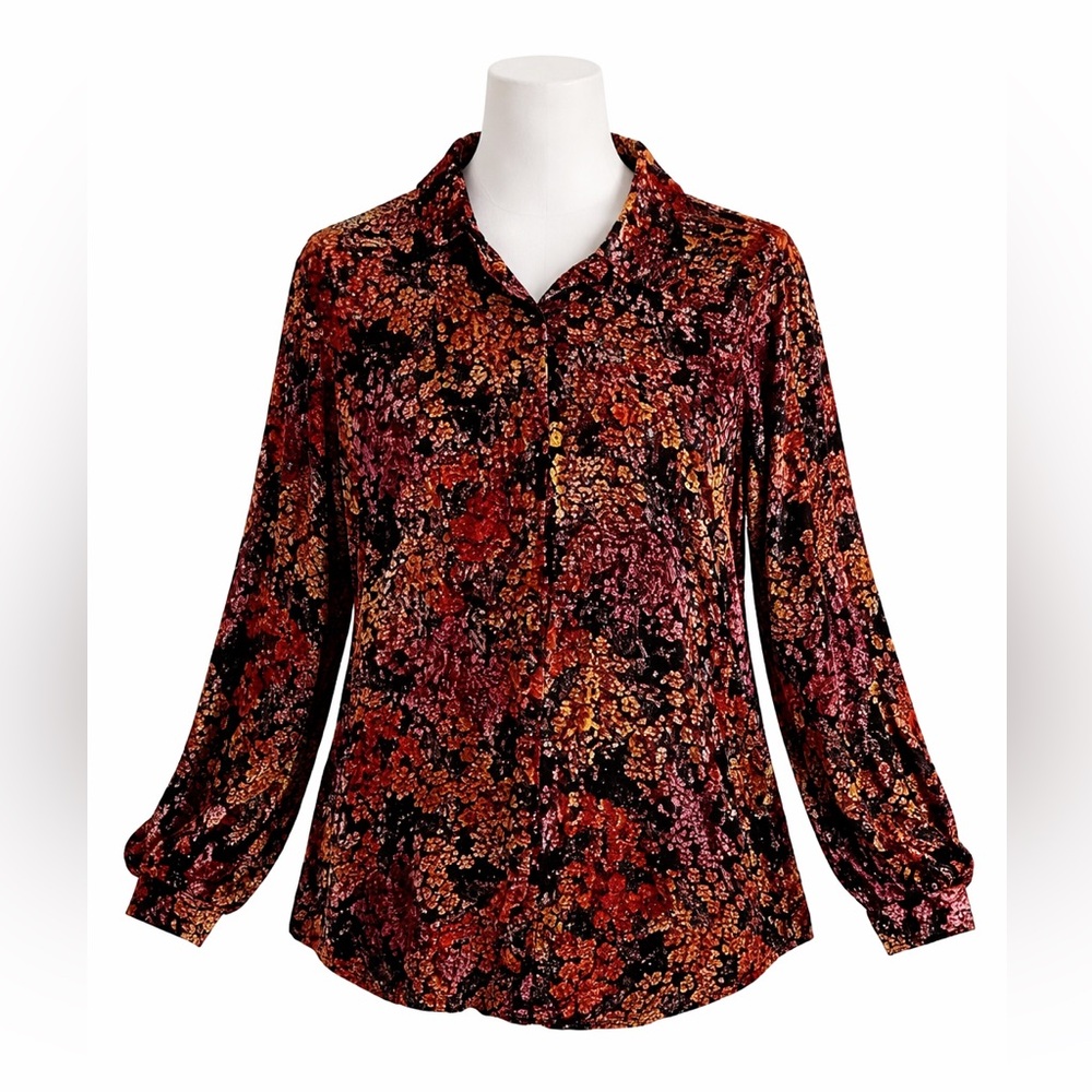 Carmen Marc Valvo Velvet Burnout Silk Bead Blouse Top Party Floral Thanksgiving